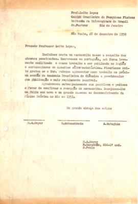 Carta de José Leite Lopes a Georges Schwachheim, Hans Albert Meyer (Jean) e Andrea Wataghin
