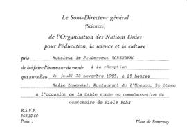 Convite para recepção da Comemoração do Centenário de Niels Bohr