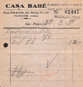 Notas de venda da  Casa Baré (Companhia Comissaria Brasileira)