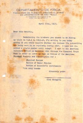 Carta de Gleb Wataghin a Margaret S. Griffin