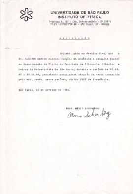 Declaração de Mario Schenberg para Claúdio Santos sobre o período em que exerceu funções de docên...