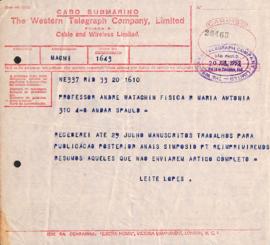 Telegrama de José Leite Lopes a Andrea Wataghin