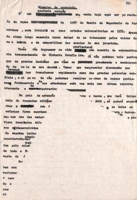 Discurso de Mario Schenberg como paraninfo da turma de 1967 da Escola de Engenharia de Pernambuco