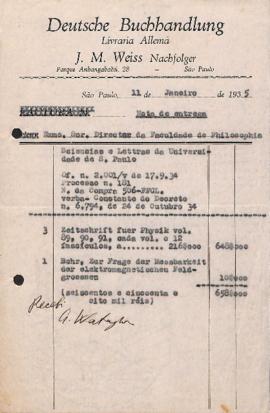 Nota de entrega e fatura Deutsche Buchhandlung - Livraria Alemã (J.M. Weiss Nachfolger - C. Hahma...