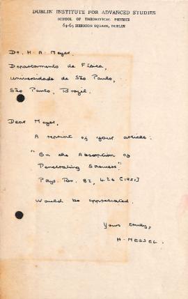 Carta de [Harry] Messel a Hans Albert Meyer (Jean)