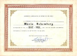 Diploma em homenagem ao ex-deputado do PCB, Mario Schenberg