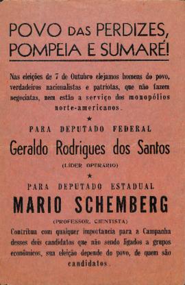 Pequenos cartazes das candidaturas de Mario Schenberg, para deputado estadual, e de Geraldo Rodri...