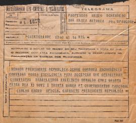 Telegrama de Paschoal Carlos Magno a Mario Schenberg