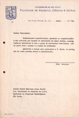 Carta de Gleb Wataghin a Henrique Jorge Guedes