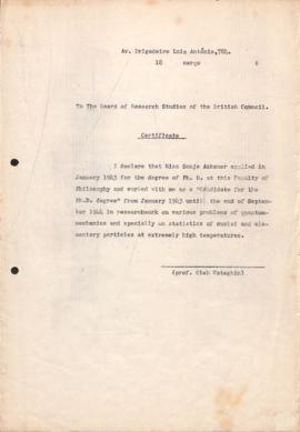 Declaração de Gleb Wataghin ao The Board of Research Studies of the British Concil