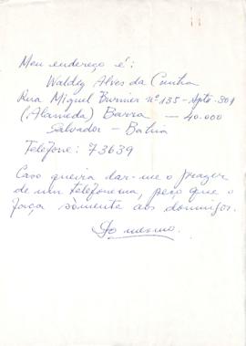 Carta de Waldez Alves da Cunha a Mario Schenberg