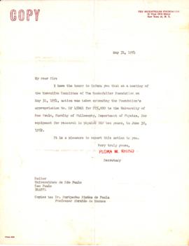 Carta de Flora M. Rhind ao reitor da USP, Abrahão de Moraes e Eurípedes Simões de Paula