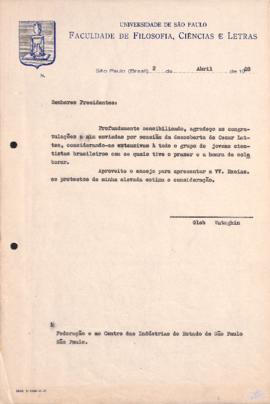 Carta de Gleb Wataghin aos Presidentes da Federação e do Centro das Indústrias do Estado de São P...