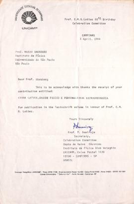 Carta de P. Ammiraju a Mario Schenberg